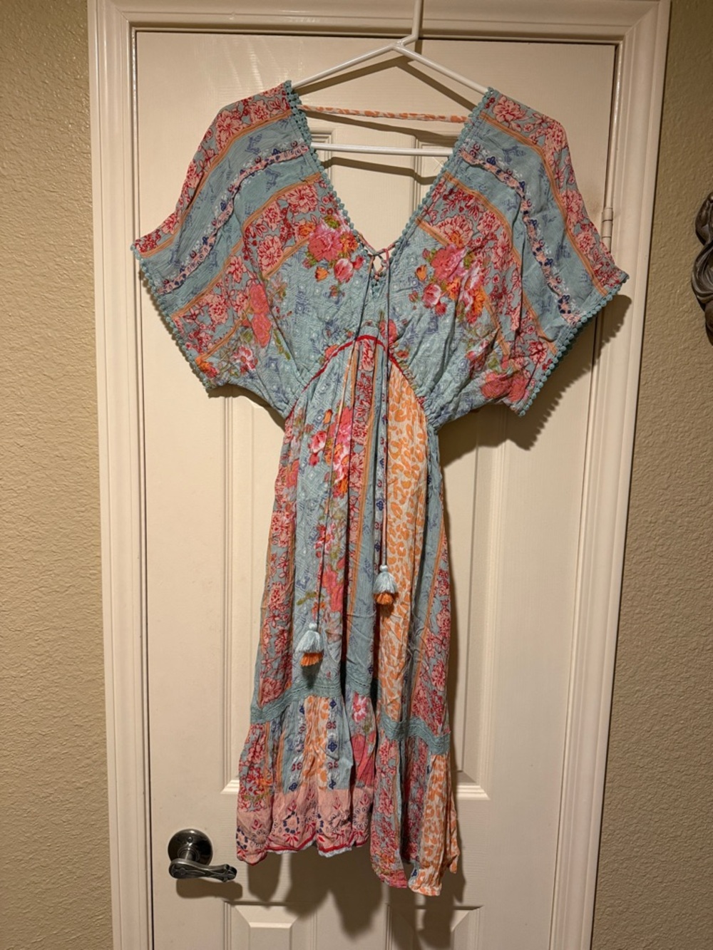 Boho Floral Tie-Waist Midi Dress in Light Blue and Coral